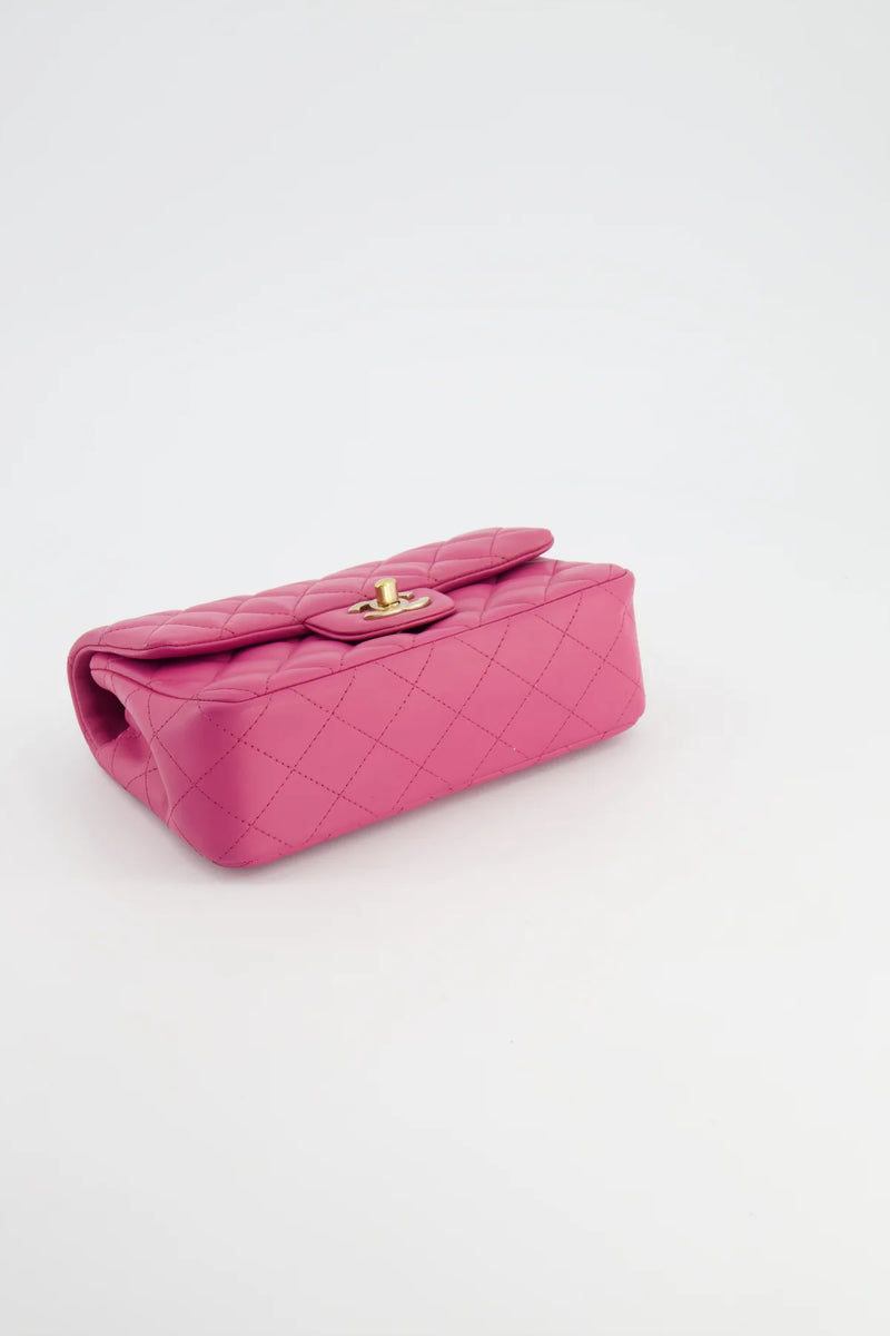 RASPBERRY PINK MINI RECTANGULAR BAG WITH BRUSHED GOLD HARDWARE