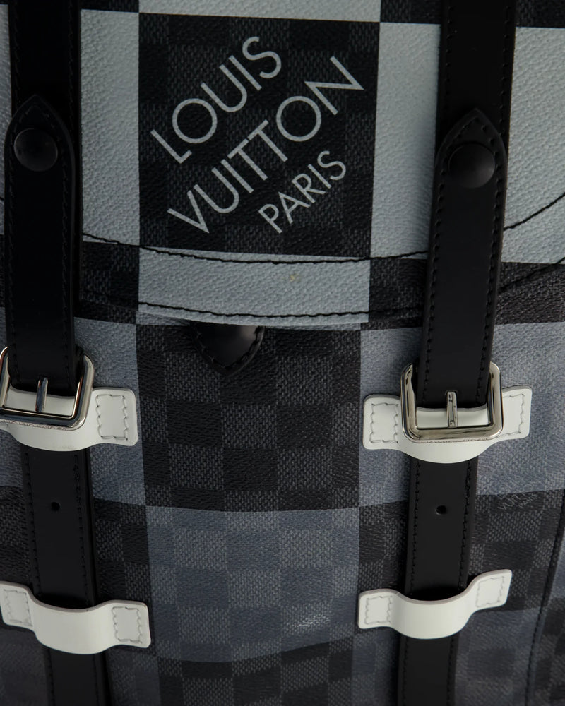 LOUIS VUITTON CHRISTOPHER BACKPACK IN BLACK AND WHITE DAMIER CANVAS WITH SILVER HARDWARE