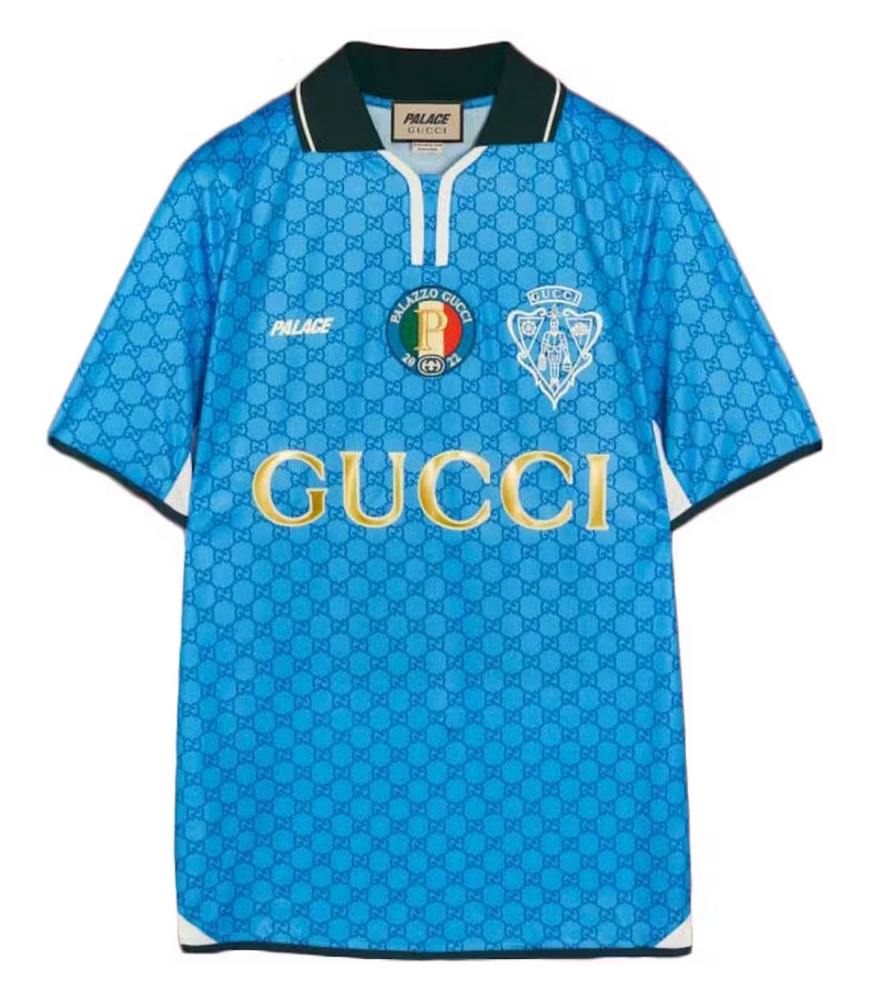 PALACE X GUCCI PRINTED ALL-OVER GG FOOTBALL TECHNICAL JERSEY T-SHIRT BLUE