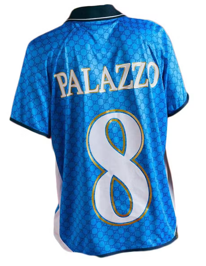 PALACE X GUCCI PRINTED ALL-OVER GG FOOTBALL TECHNICAL JERSEY T-SHIRT BLUE