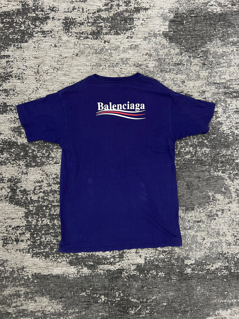 PRE LOVED - BALENCIAGA POLITICAL CAMPAIGN LOGO BLUE T-SHIRT