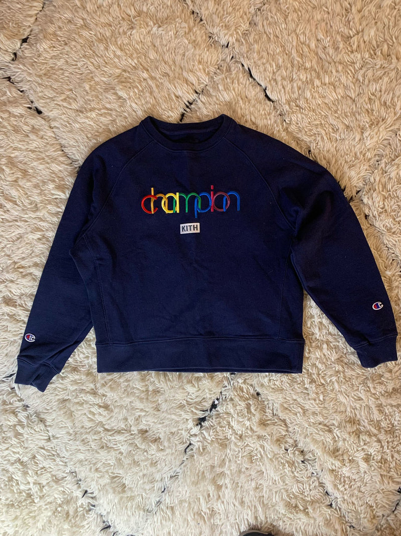 PRE LOVED - KITH CHAMPION DOUBLE LOGO CREWNECK NAVY - The Edit LDN