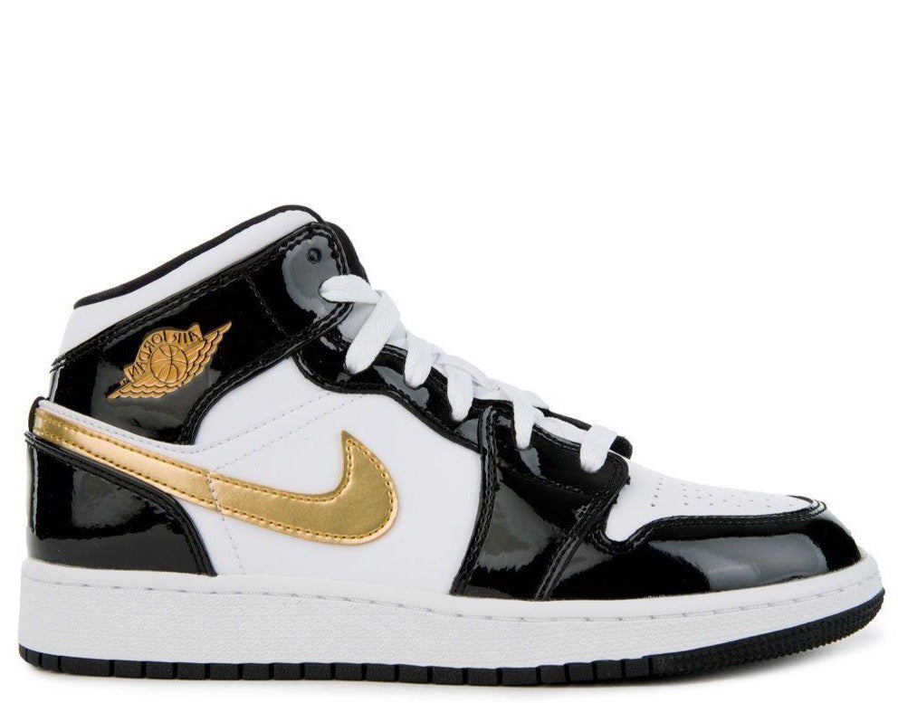 JORDAN 1 MID PATENT BLACK WHITE GOLD (GS) - The Edit LDN